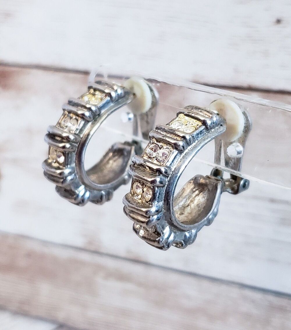 Vintage Clip On Earrings - Elongated Thick Hoops with Gems - Tarnished